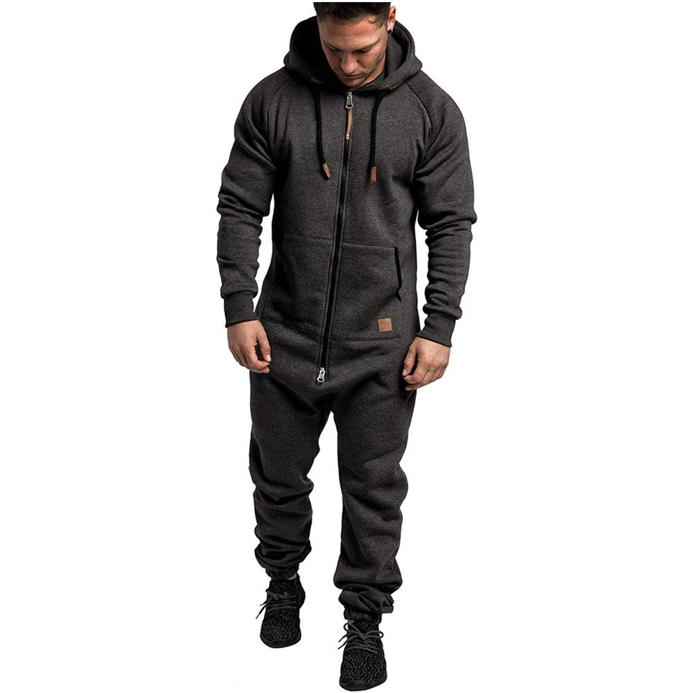 In-Stock New Foreign Trade Men's Hooded Fleece Jumpsuit Solid Color Casual Men's Suit Jumpsuit