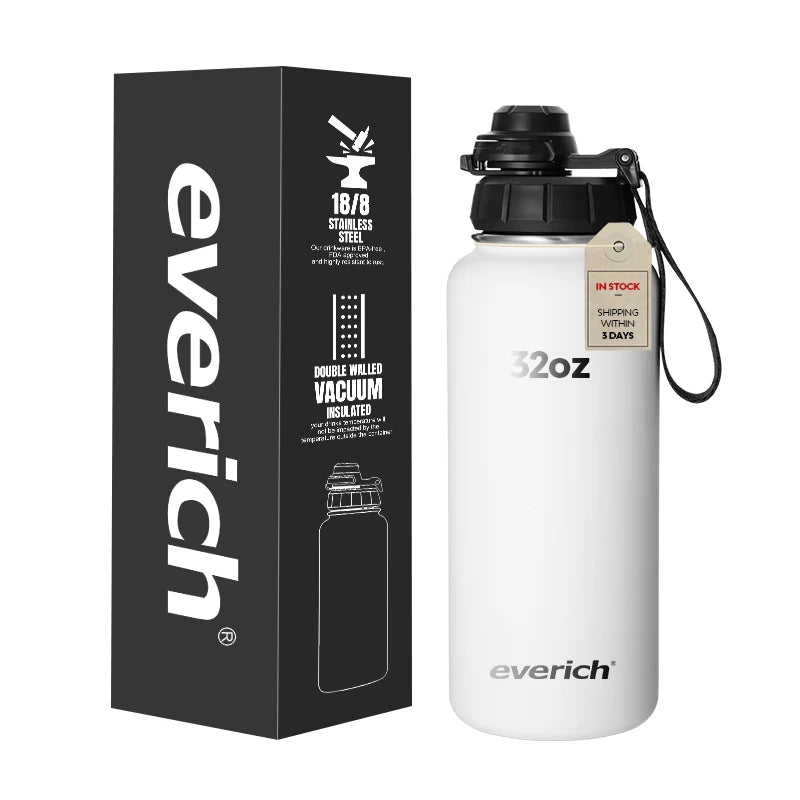 Everich Classic 32oz 40oz Double Wall Wide Mouth Drinking Flasks Stainless Steel Water Bottle with Straw Sports Bottle with Bag