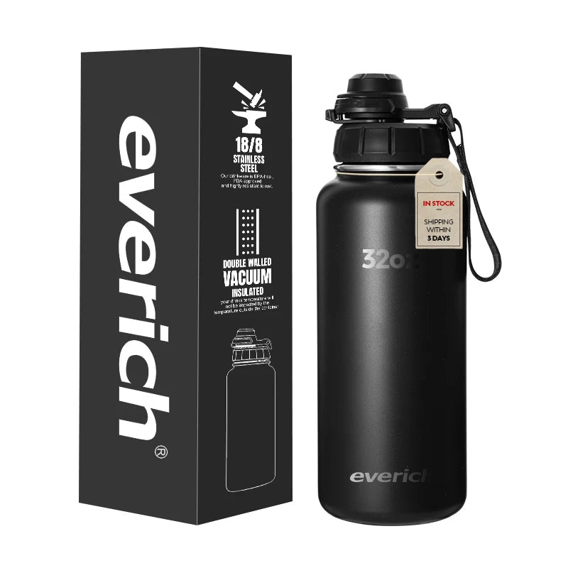 Everich Classic 32oz 40oz Double Wall Wide Mouth Drinking Flasks Stainless Steel Water Bottle with Straw Sports Bottle with Bag