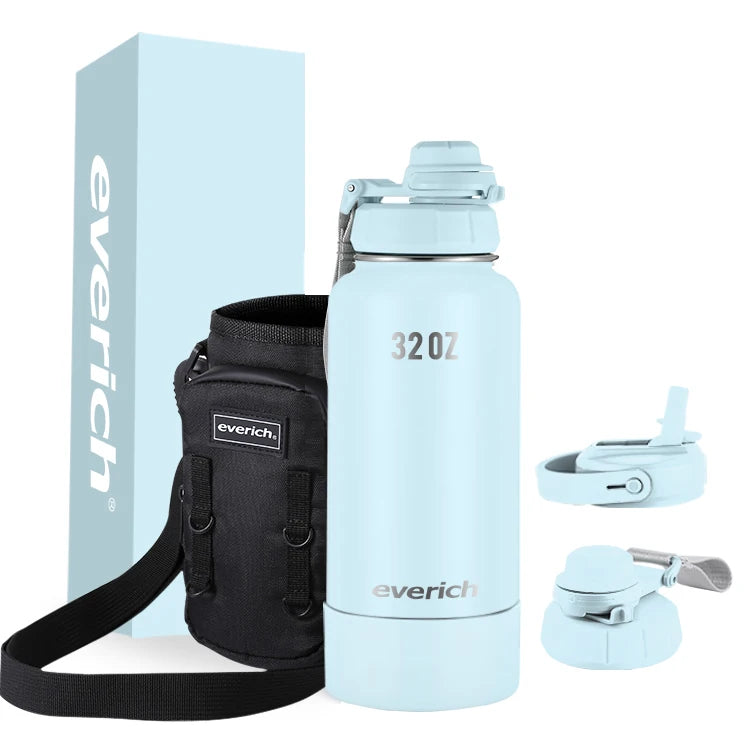 Everich Classic 32oz 40oz Double Wall Wide Mouth Drinking Flasks Stainless Steel Water Bottle with Straw Sports Bottle with Bag