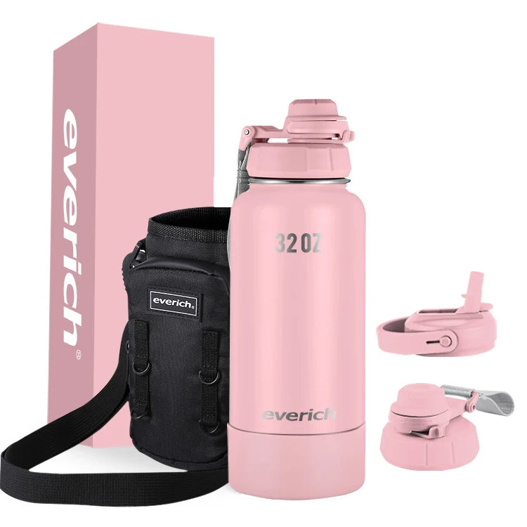 Everich Classic 32oz 40oz Double Wall Wide Mouth Drinking Flasks Stainless Steel Water Bottle with Straw Sports Bottle with Bag
