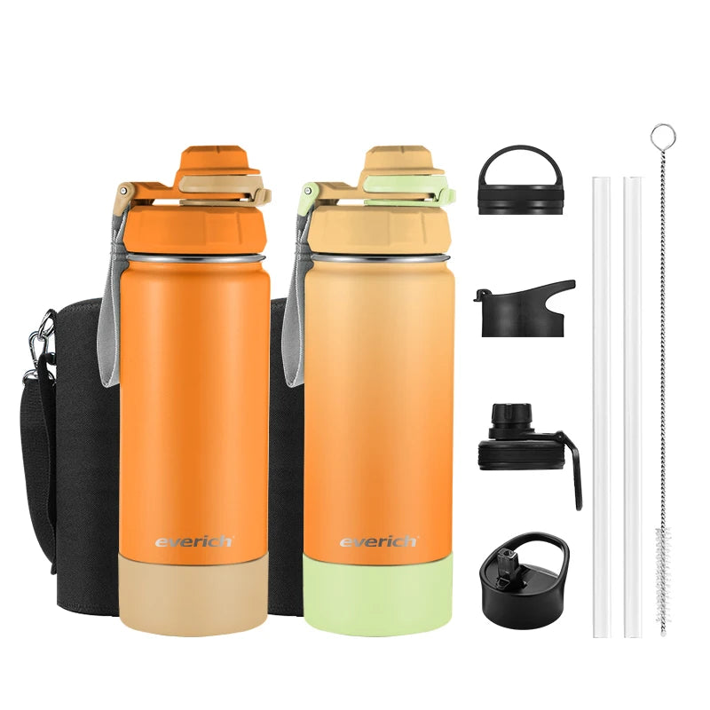 Everich Classic 32oz 40oz Double Wall Wide Mouth Drinking Flasks Stainless Steel Water Bottle with Straw Sports Bottle with Bag
