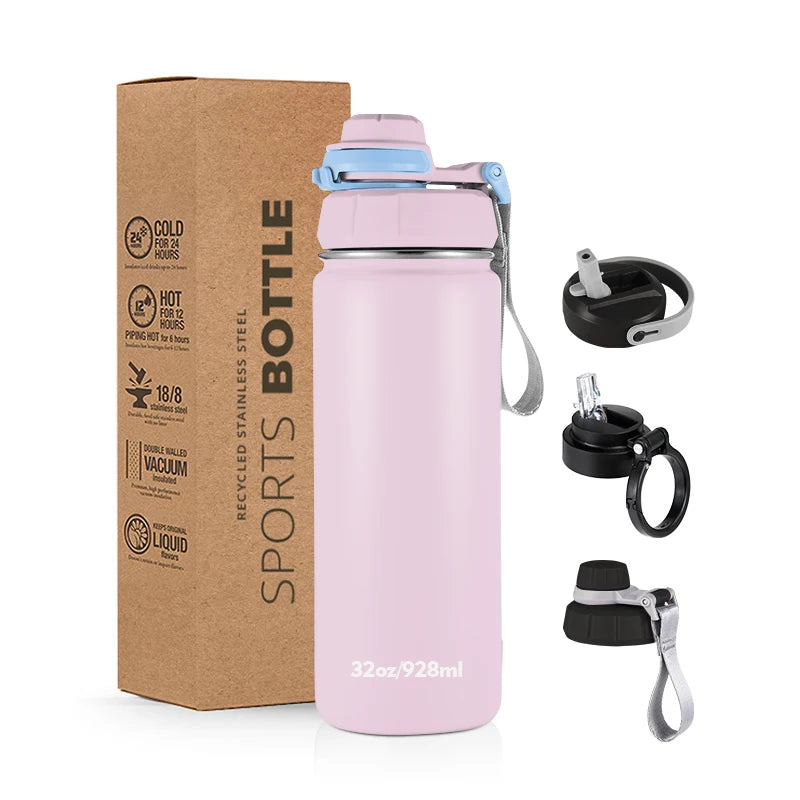 Everich Classic 32oz 40oz Double Wall Wide Mouth Drinking Flasks Stainless Steel Water Bottle with Straw Sports Bottle with Bag