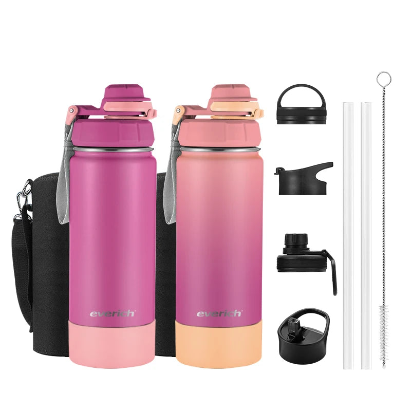 Everich Classic 32oz 40oz Double Wall Wide Mouth Drinking Flasks Stainless Steel Water Bottle with Straw Sports Bottle with Bag