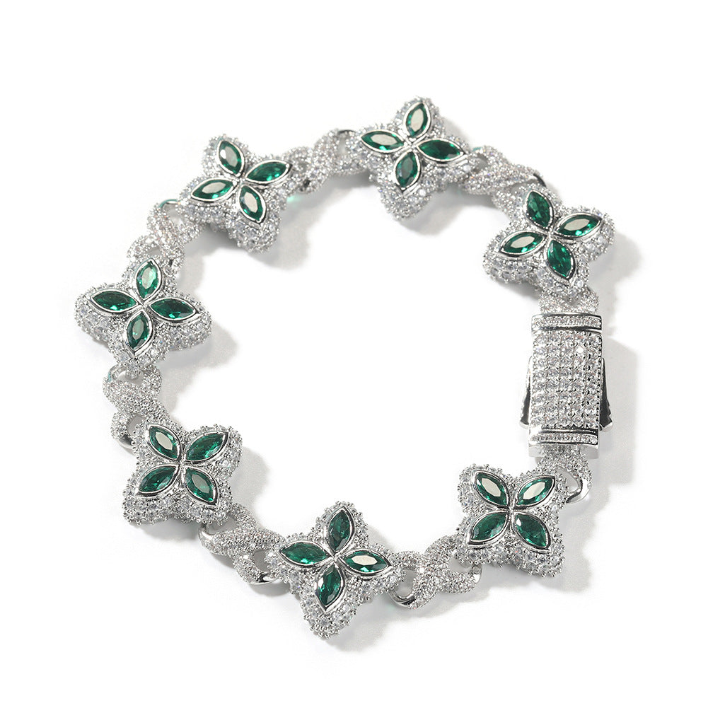 Hip-Hop Rap Chain Infinite Four-Leaf Clover Bracelet Fashionable Trendy Cool Handsome High-End 5A Zircon Colorful Necklace Jewelry