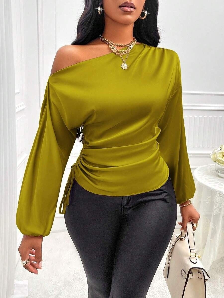 Amazon Cross-Border European and American New Women's Satin Shirt Spring and Summer Asymmetrical Long-Sleeved Slope Collar Shirt Top