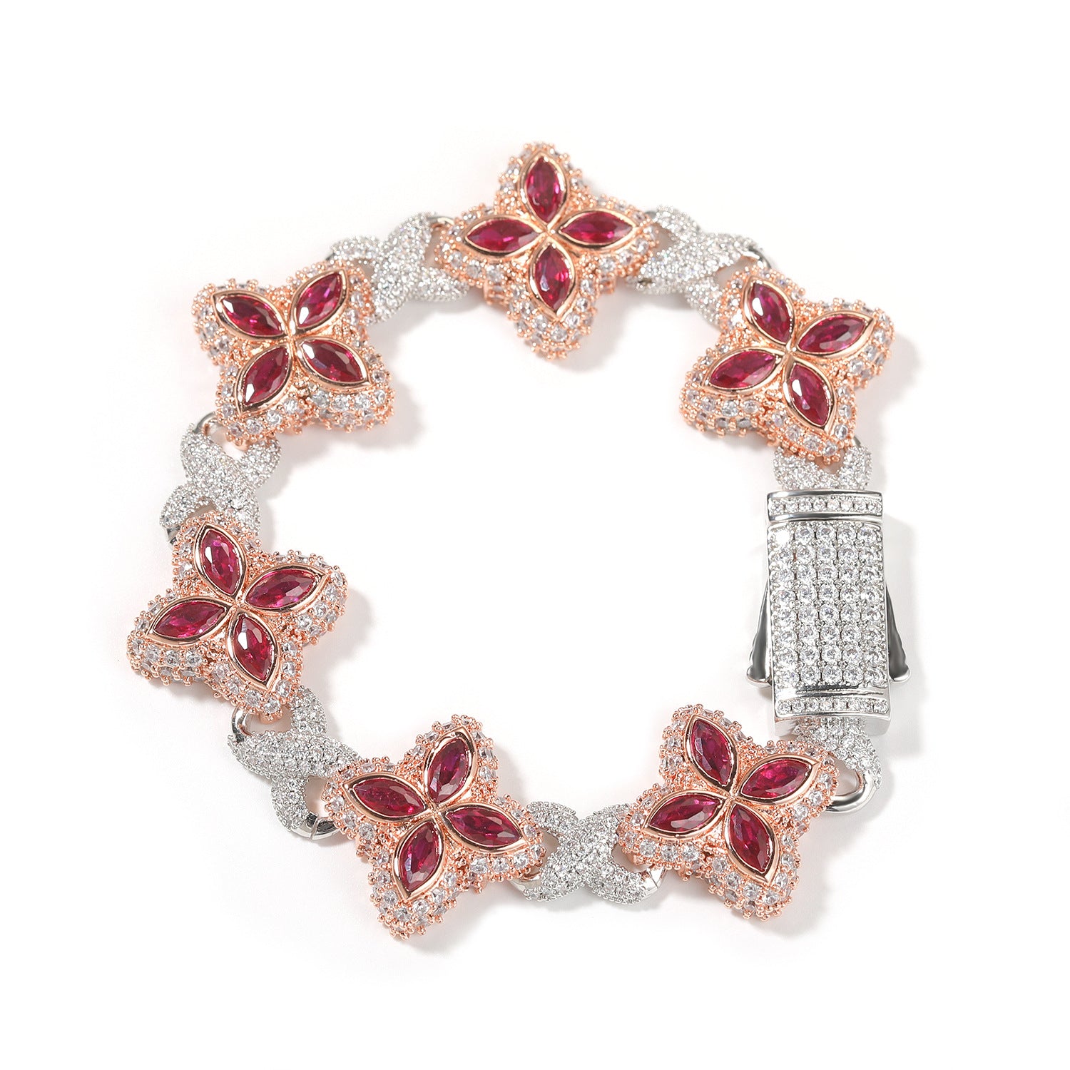 Hip-Hop Rap Chain Infinite Four-Leaf Clover Bracelet Fashionable Trendy Cool Handsome High-End 5A Zircon Colorful Necklace Jewelry