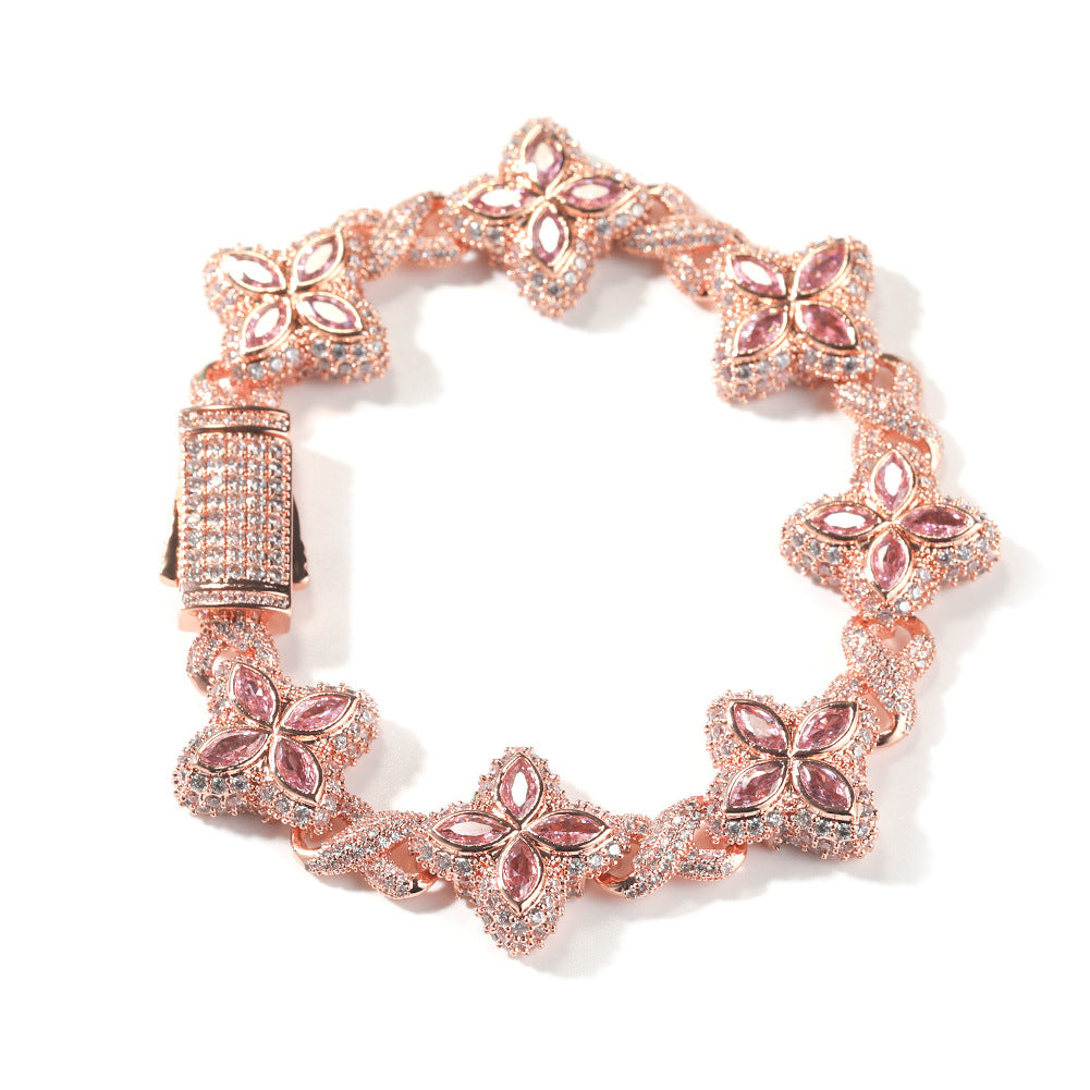 Hip-Hop Rap Chain Infinite Four-Leaf Clover Bracelet Fashionable Trendy Cool Handsome High-End 5A Zircon Colorful Necklace Jewelry