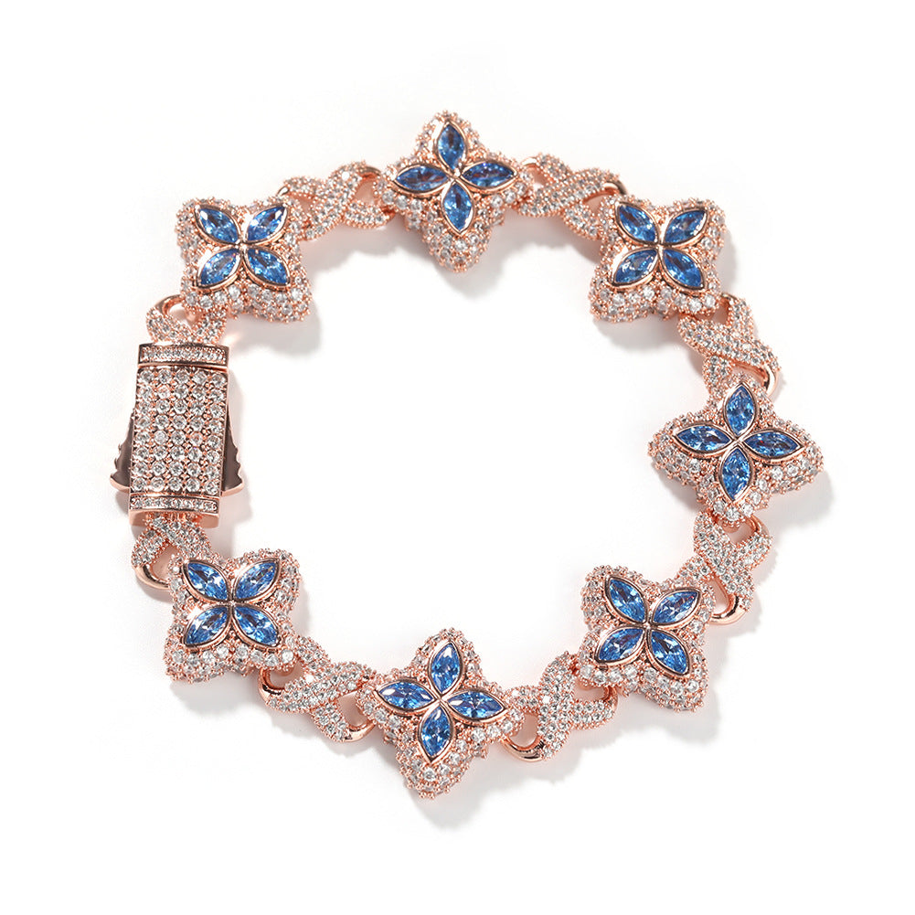 Hip-Hop Rap Chain Infinite Four-Leaf Clover Bracelet Fashionable Trendy Cool Handsome High-End 5A Zircon Colorful Necklace Jewelry