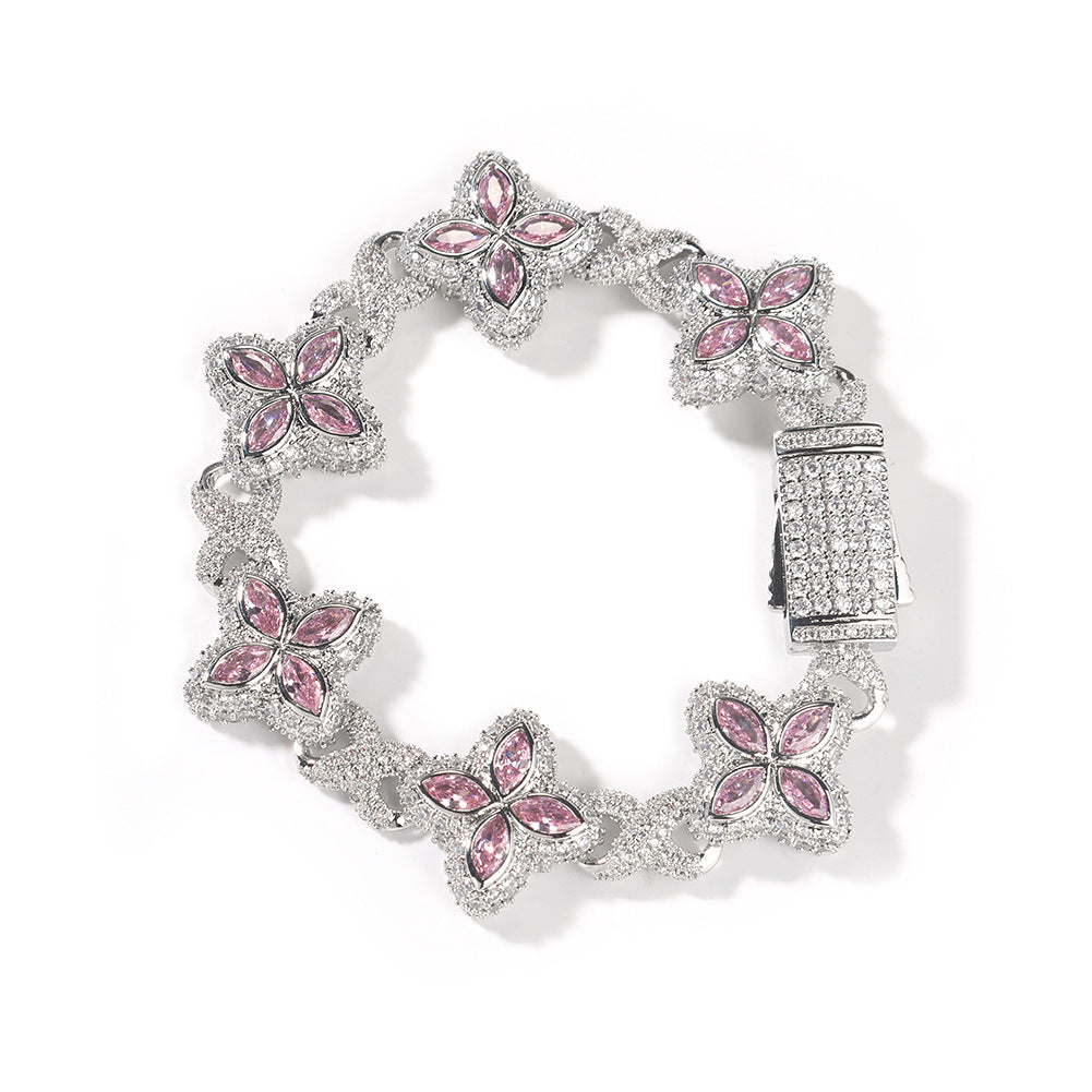 Hip-Hop Rap Chain Infinite Four-Leaf Clover Bracelet Fashionable Trendy Cool Handsome High-End 5A Zircon Colorful Necklace Jewelry