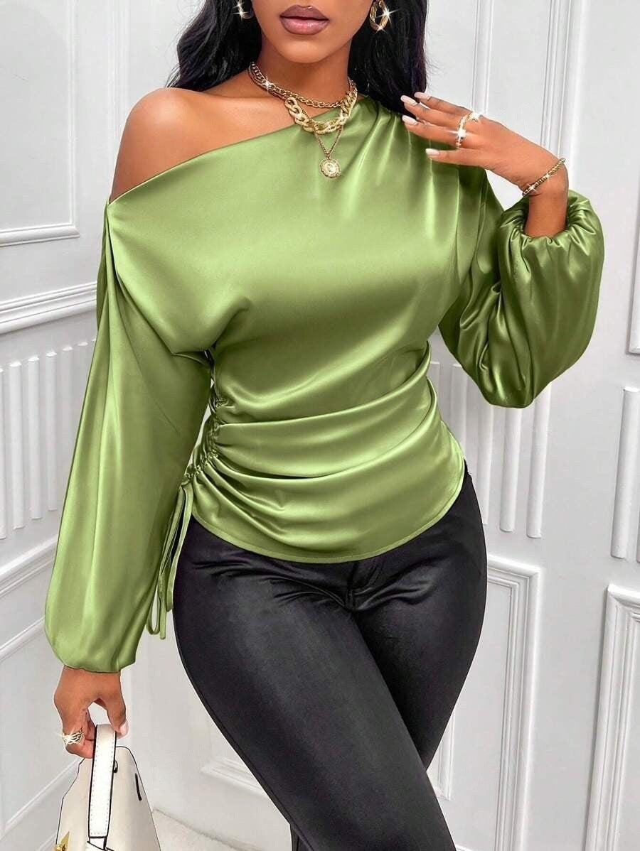 Amazon Cross-Border European and American New Women's Satin Shirt Spring and Summer Asymmetrical Long-Sleeved Slope Collar Shirt Top
