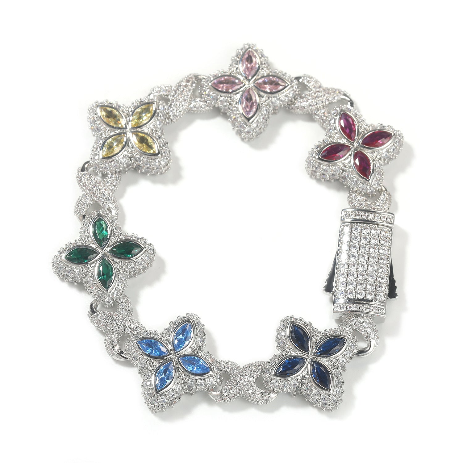Hip-Hop Rap Chain Infinite Four-Leaf Clover Bracelet Fashionable Trendy Cool Handsome High-End 5A Zircon Colorful Necklace Jewelry