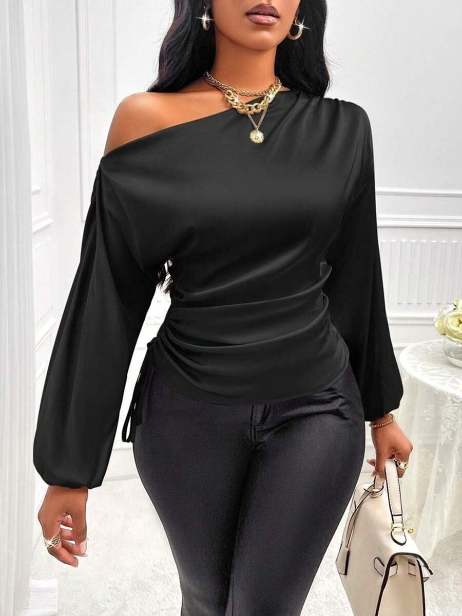 Amazon Cross-Border European and American New Women's Satin Shirt Spring and Summer Asymmetrical Long-Sleeved Slope Collar Shirt Top