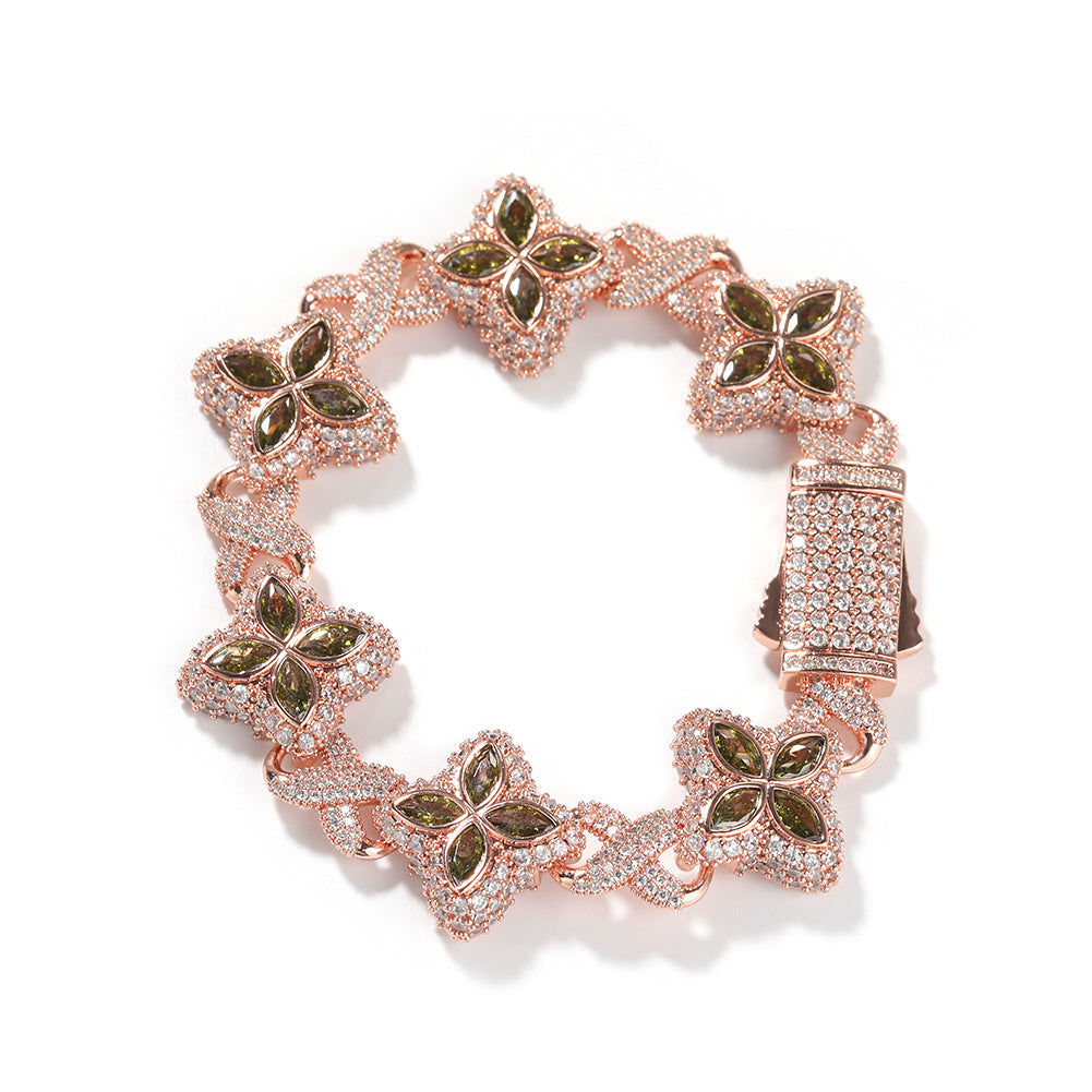 Hip-Hop Rap Chain Infinite Four-Leaf Clover Bracelet Fashionable Trendy Cool Handsome High-End 5A Zircon Colorful Necklace Jewelry