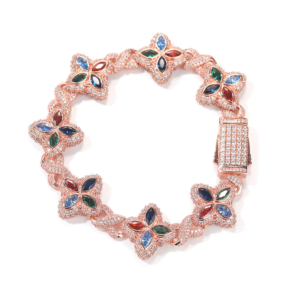 Hip-Hop Rap Chain Infinite Four-Leaf Clover Bracelet Fashionable Trendy Cool Handsome High-End 5A Zircon Colorful Necklace Jewelry