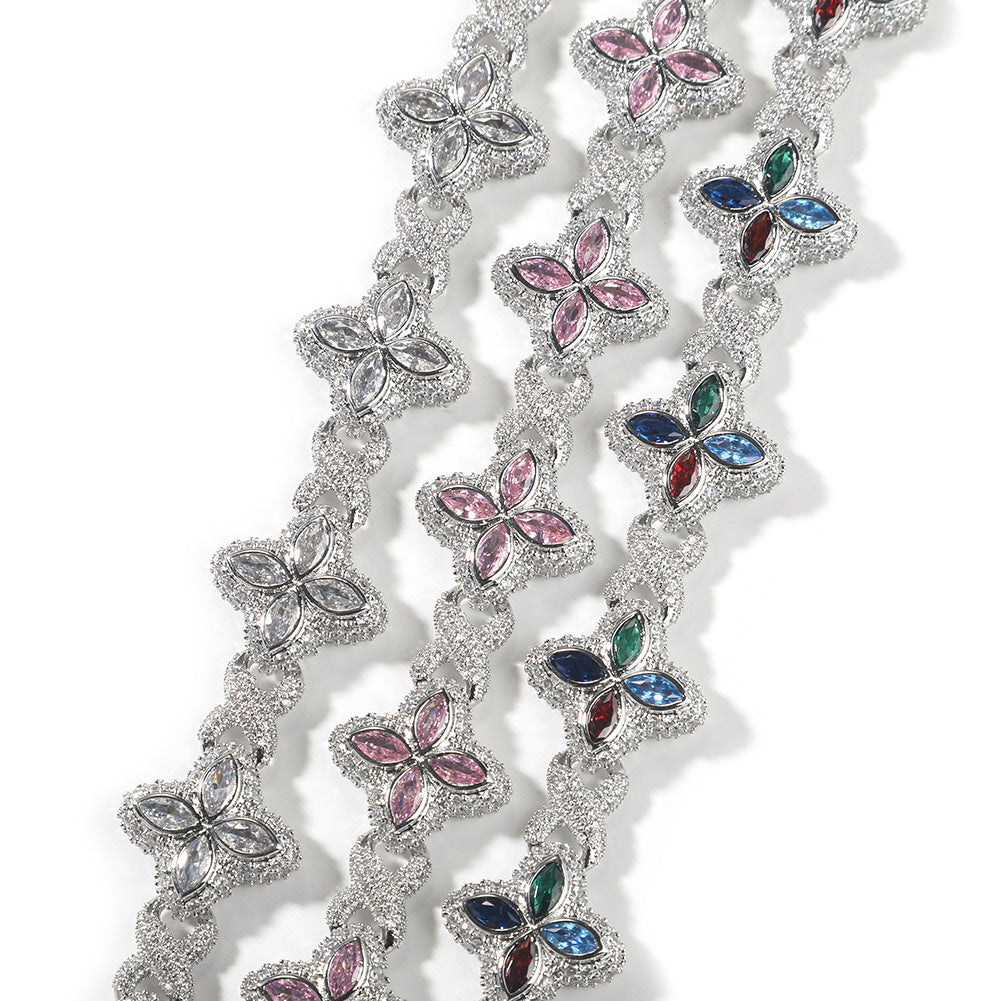 Hip-Hop Rap Chain Infinite Four-Leaf Clover Bracelet Fashionable Trendy Cool Handsome High-End 5A Zircon Colorful Necklace Jewelry