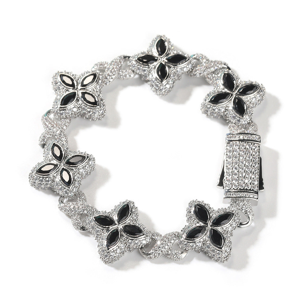 Hip-Hop Rap Chain Infinite Four-Leaf Clover Bracelet Fashionable Trendy Cool Handsome High-End 5A Zircon Colorful Necklace Jewelry