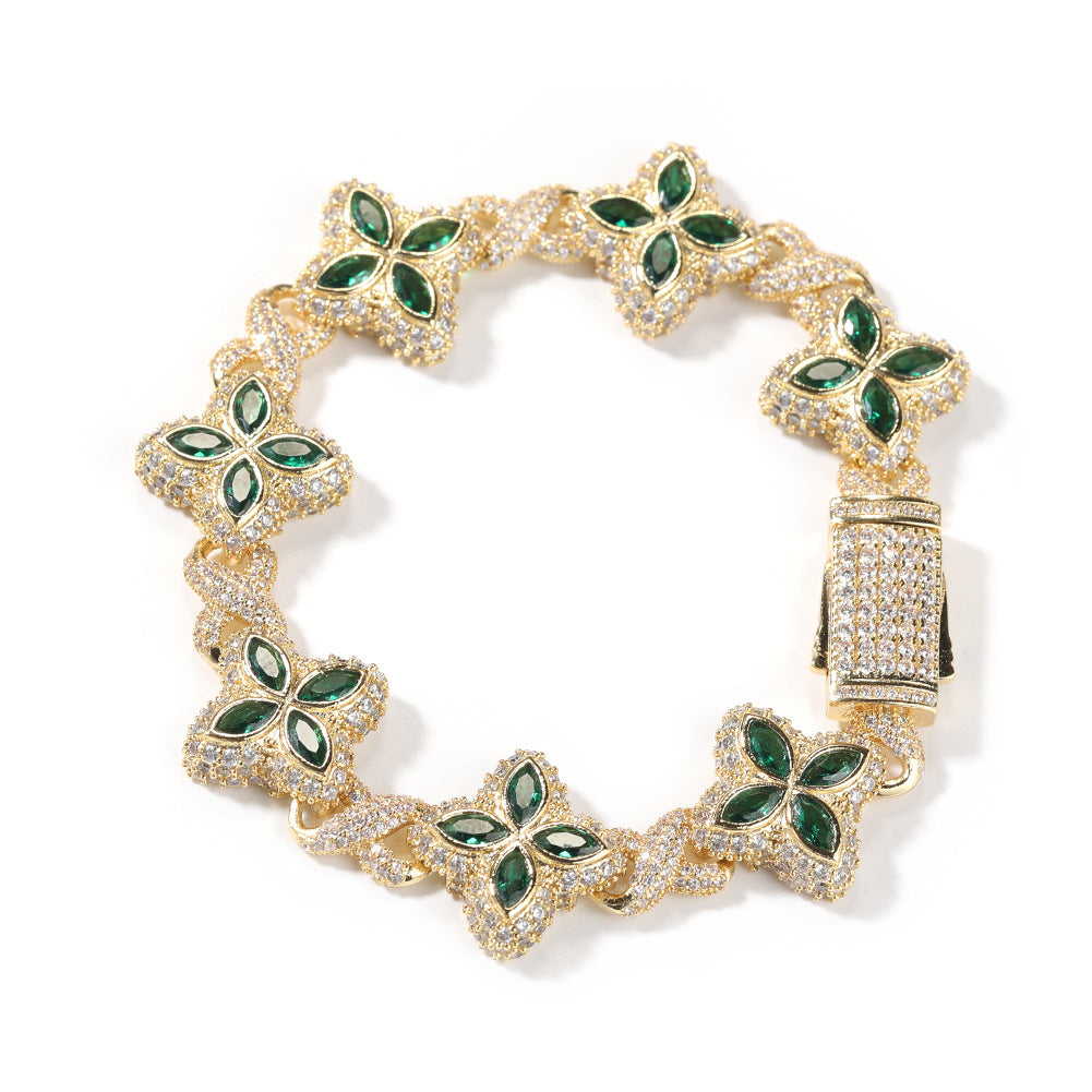 Hip-Hop Rap Chain Infinite Four-Leaf Clover Bracelet Fashionable Trendy Cool Handsome High-End 5A Zircon Colorful Necklace Jewelry