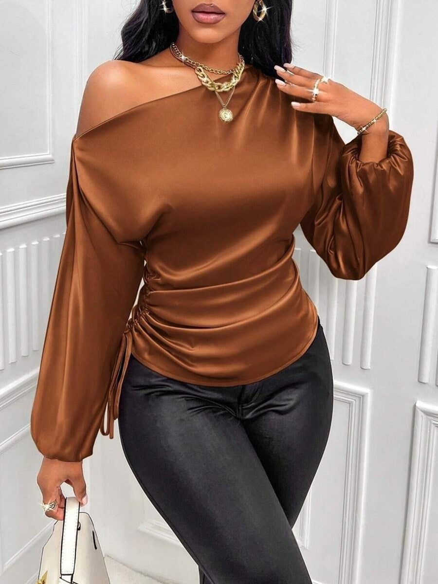 Amazon Cross-Border European and American New Women's Satin Shirt Spring and Summer Asymmetrical Long-Sleeved Slope Collar Shirt Top