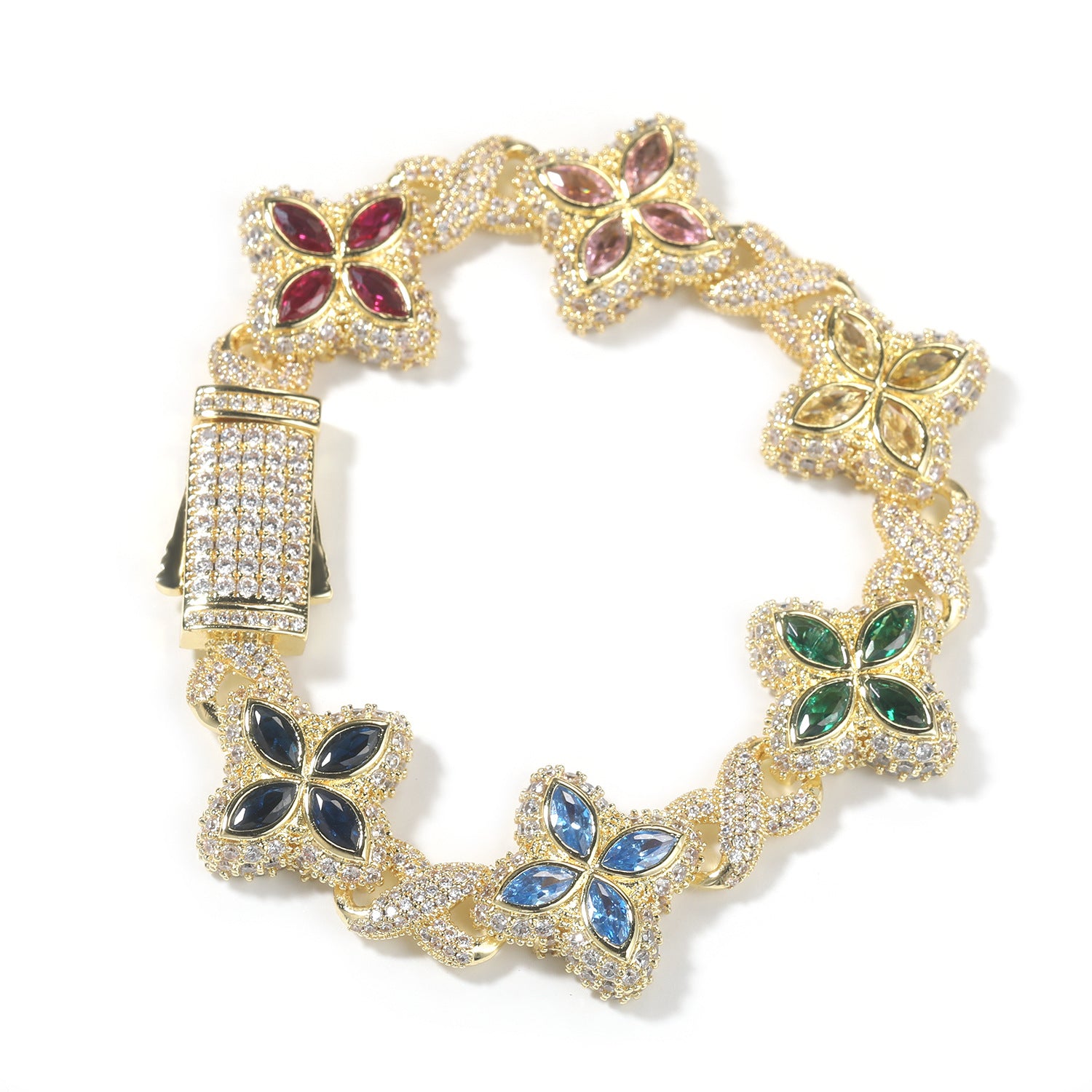 Hip-Hop Rap Chain Infinite Four-Leaf Clover Bracelet Fashionable Trendy Cool Handsome High-End 5A Zircon Colorful Necklace Jewelry