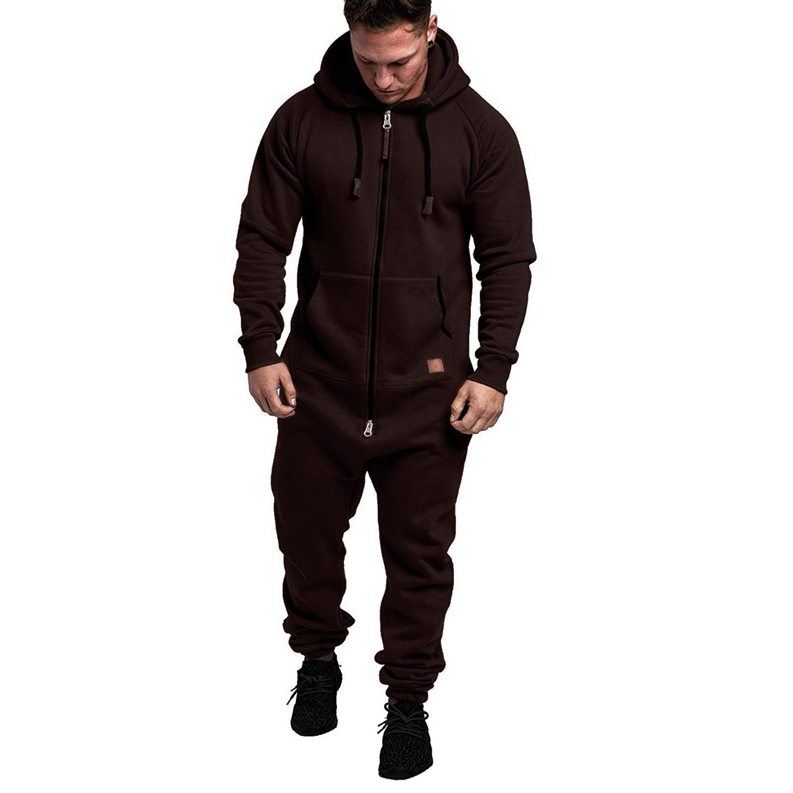 In-Stock New Foreign Trade Men's Hooded Fleece Jumpsuit Solid Color Casual Men's Suit Jumpsuit