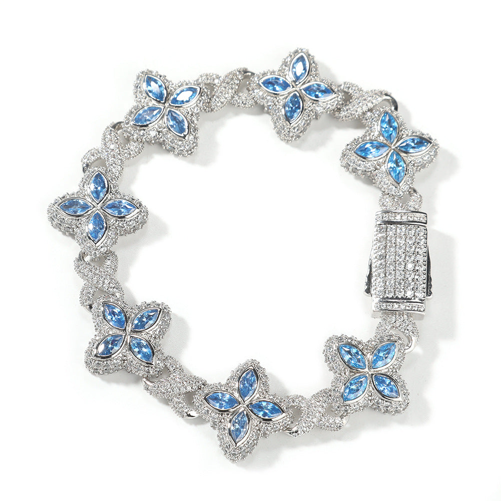 Hip-Hop Rap Chain Infinite Four-Leaf Clover Bracelet Fashionable Trendy Cool Handsome High-End 5A Zircon Colorful Necklace Jewelry
