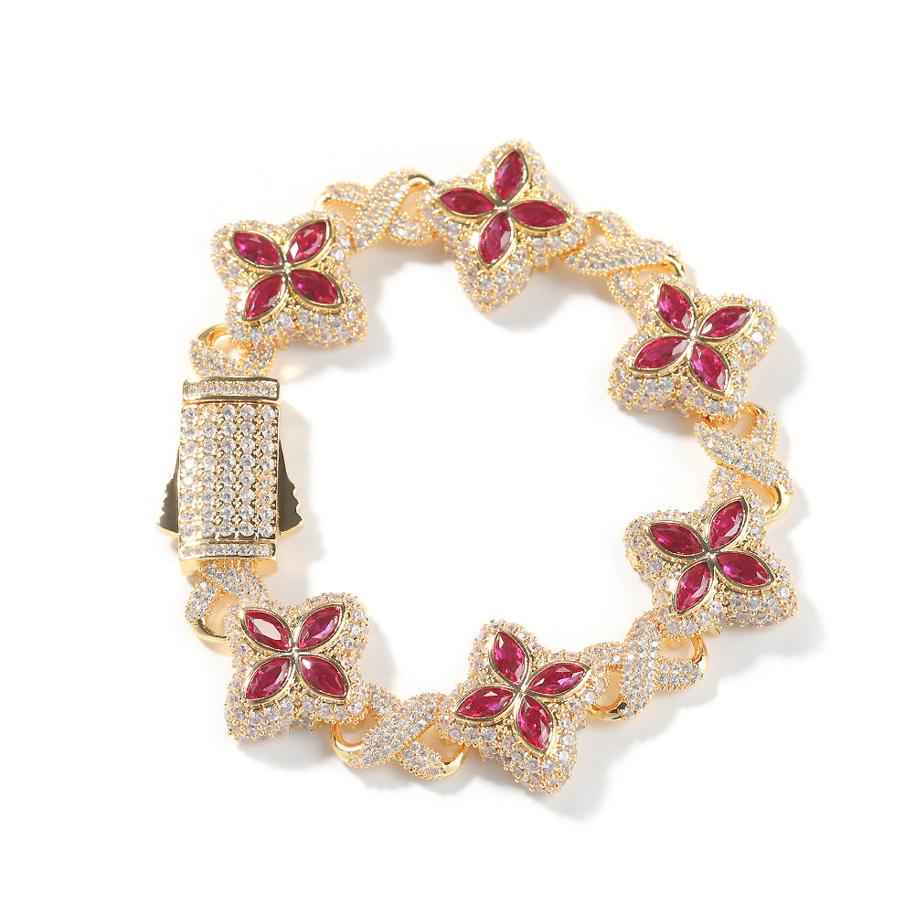 Hip-Hop Rap Chain Infinite Four-Leaf Clover Bracelet Fashionable Trendy Cool Handsome High-End 5A Zircon Colorful Necklace Jewelry