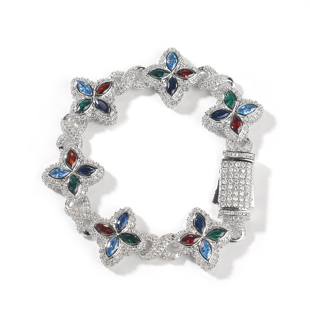 Hip-Hop Rap Chain Infinite Four-Leaf Clover Bracelet Fashionable Trendy Cool Handsome High-End 5A Zircon Colorful Necklace Jewelry