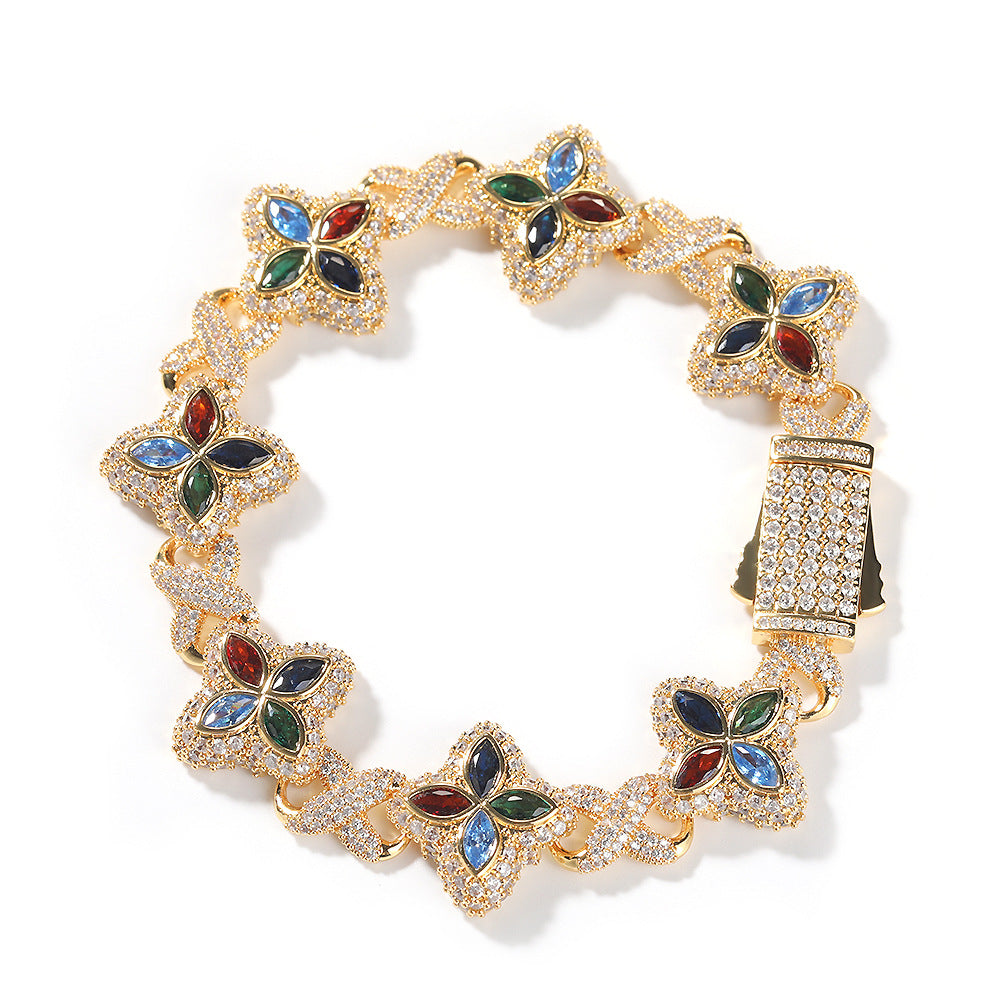 Hip-Hop Rap Chain Infinite Four-Leaf Clover Bracelet Fashionable Trendy Cool Handsome High-End 5A Zircon Colorful Necklace Jewelry