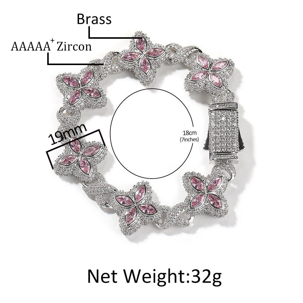 Hip-Hop Rap Chain Infinite Four-Leaf Clover Bracelet Fashionable Trendy Cool Handsome High-End 5A Zircon Colorful Necklace Jewelry