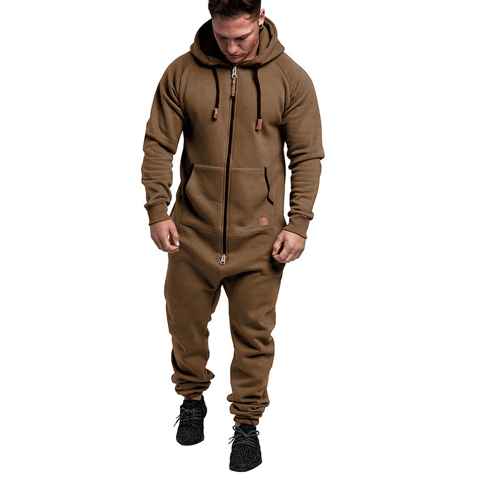 In-Stock New Foreign Trade Men's Hooded Fleece Jumpsuit Solid Color Casual Men's Suit Jumpsuit