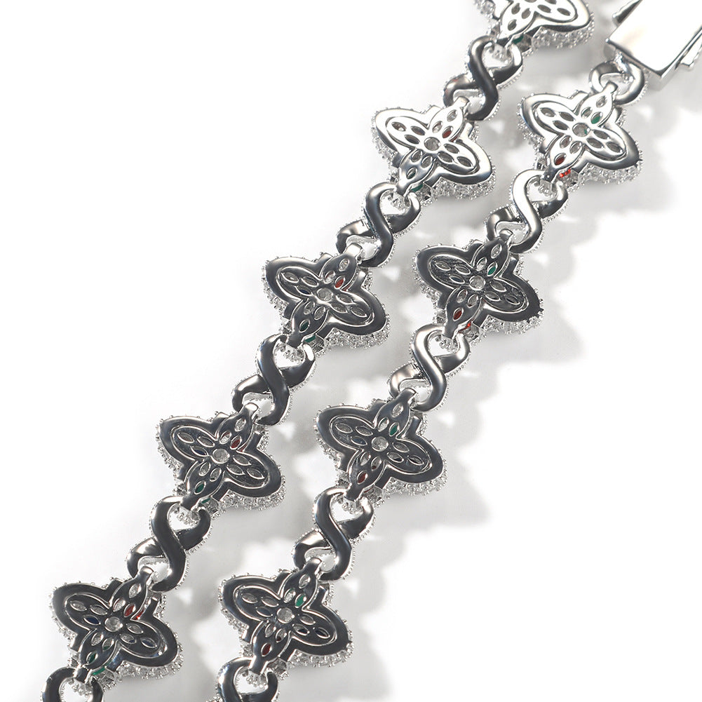 Hip-Hop Rap Chain Infinite Four-Leaf Clover Bracelet Fashionable Trendy Cool Handsome High-End 5A Zircon Colorful Necklace Jewelry