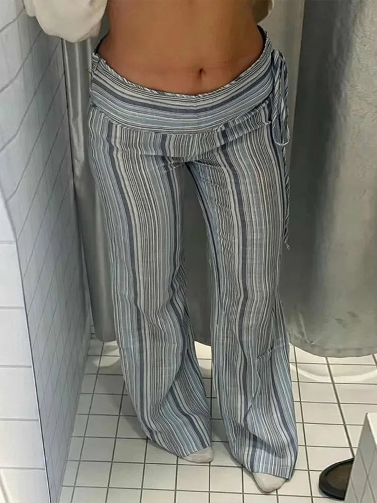 Pants Leg Stripe Women Trousers Adjustable Waist Wrap Loose Summer Floor Length Boho Palazzo Trousers Women Outfit For Women