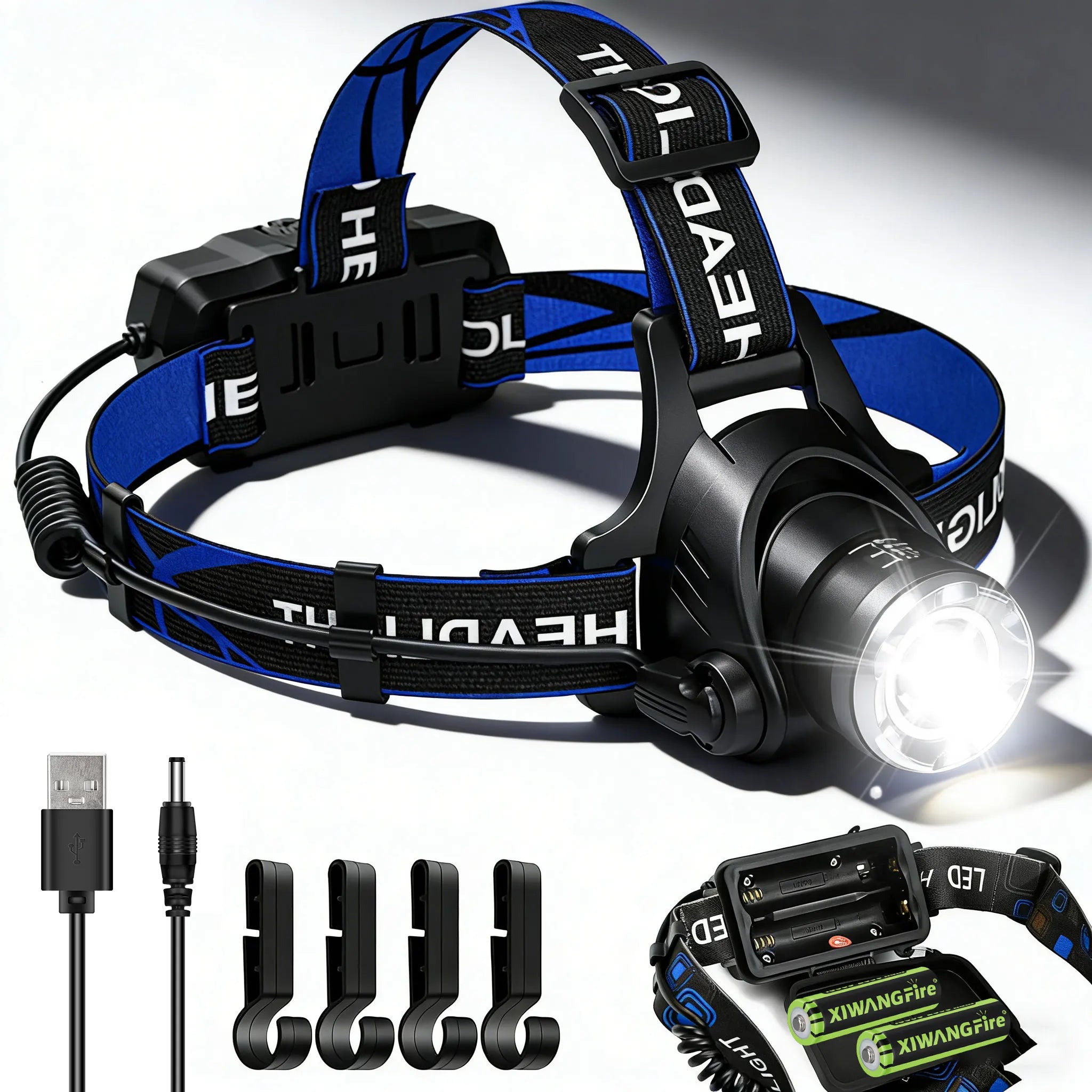 Rechargeable Powerful LED Headlamp with Zoomable Headlight - Outdoor Waterproof High Lumen Work Head Light use 18650 battery