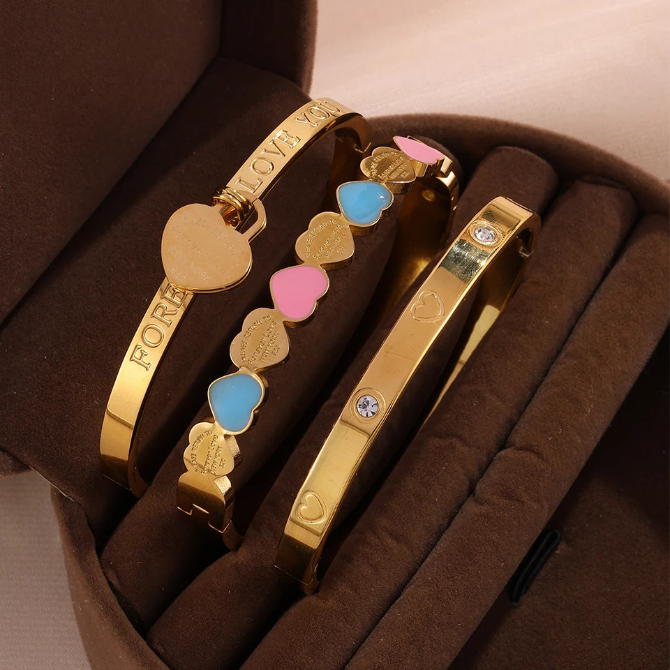 Yupsk 3pcs/Set Stainless steel Bracelet with Heart Elements Trendy Waterproof Durable Stackable Bangle Versatile Jewelry for Wom