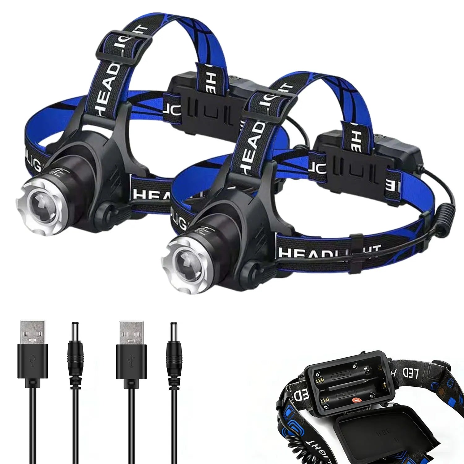 Rechargeable Powerful LED Headlamp with Zoomable Headlight - Outdoor Waterproof High Lumen Work Head Light use 18650 battery