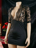 Women Lace V Neck Lingerie Nightgown 2PCS Set Bodycon Mini Dress Matching Briefs Black Sleepwear Lounge Dress