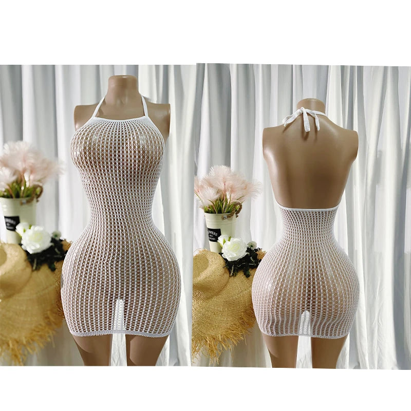 1PC Sexy Women Fishnet Cover Up Without Bikini Hollow Out Bodycon Dress  See Through Beachwear Summer Women's Swimwear