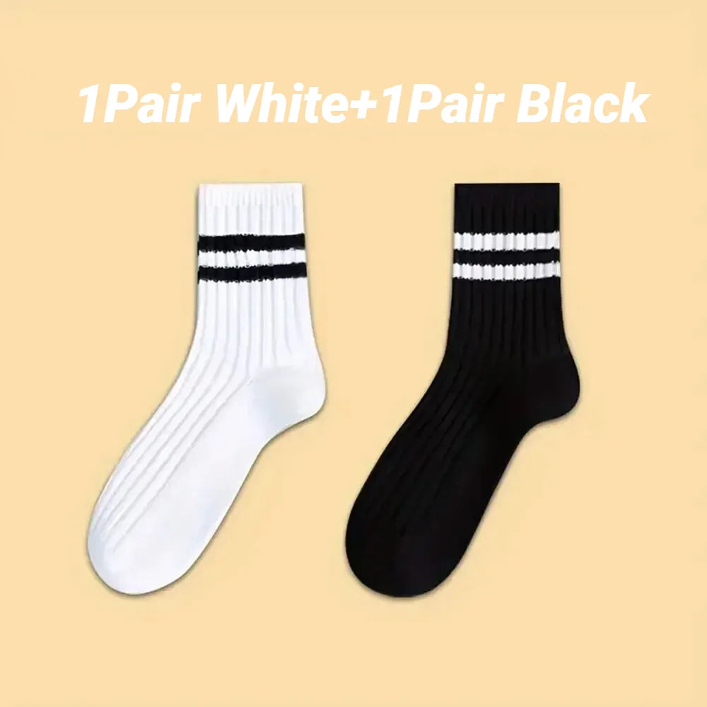 2026 Summer Mens Socks Spring Autumn Simple Casual Black White Striped Breathable Mid Tube High Quality Round Neck Socks