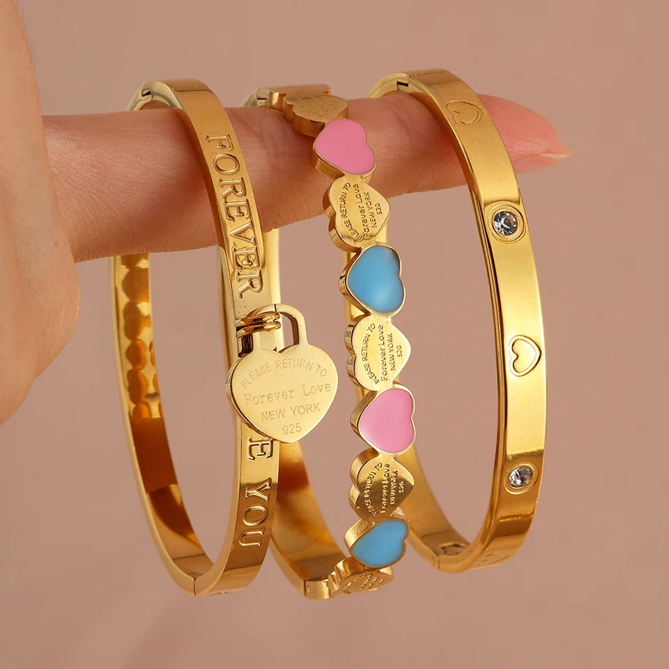 Yupsk 3pcs/Set Stainless steel Bracelet with Heart Elements Trendy Waterproof Durable Stackable Bangle Versatile Jewelry for Wom