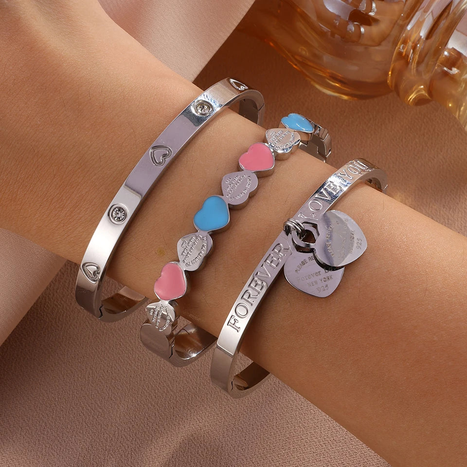 Yupsk 3pcs/Set Stainless steel Bracelet with Heart Elements Trendy Waterproof Durable Stackable Bangle Versatile Jewelry for Wom