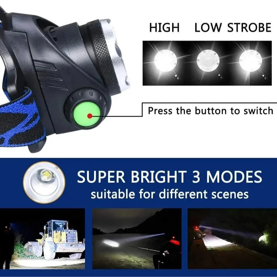 Rechargeable Powerful LED Headlamp with Zoomable Headlight - Outdoor Waterproof High Lumen Work Head Light use 18650 battery