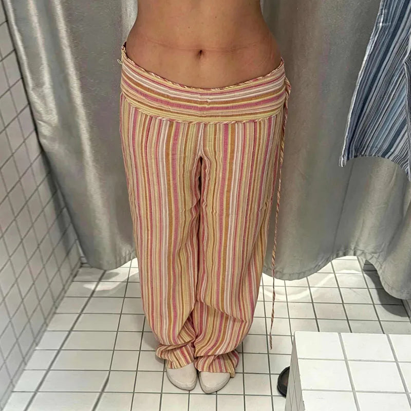 Pants Leg Stripe Women Trousers Adjustable Waist Wrap Loose Summer Floor Length Boho Palazzo Trousers Women Outfit For Women