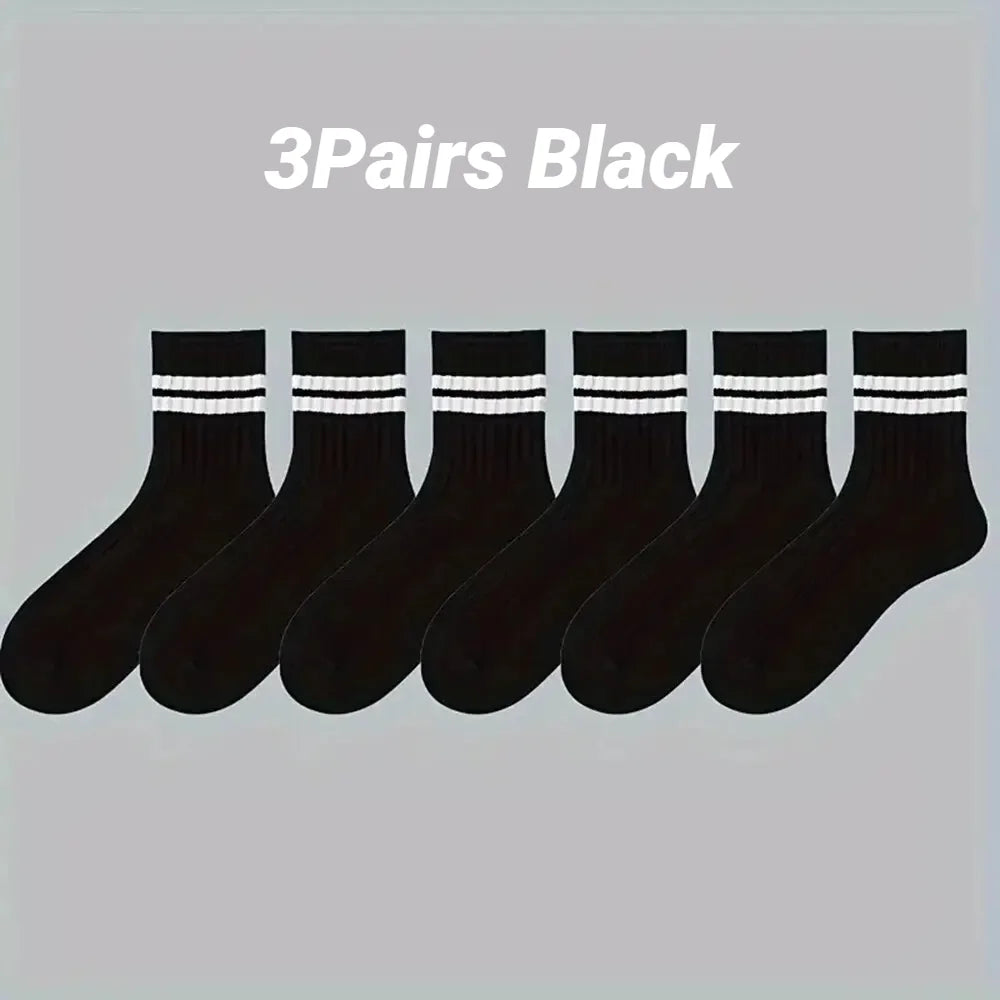 2026 Summer Mens Socks Spring Autumn Simple Casual Black White Striped Breathable Mid Tube High Quality Round Neck Socks