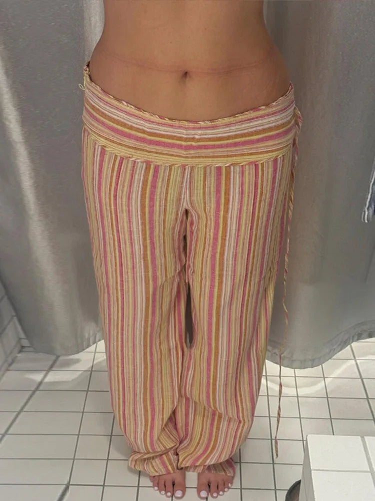 Pants Leg Stripe Women Trousers Adjustable Waist Wrap Loose Summer Floor Length Boho Palazzo Trousers Women Outfit For Women