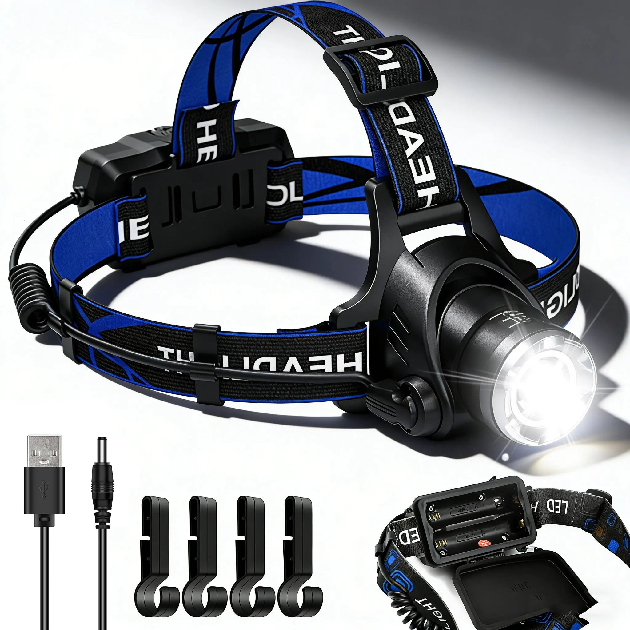 Rechargeable Powerful LED Headlamp with Zoomable Headlight - Outdoor Waterproof High Lumen Work Head Light use 18650 battery