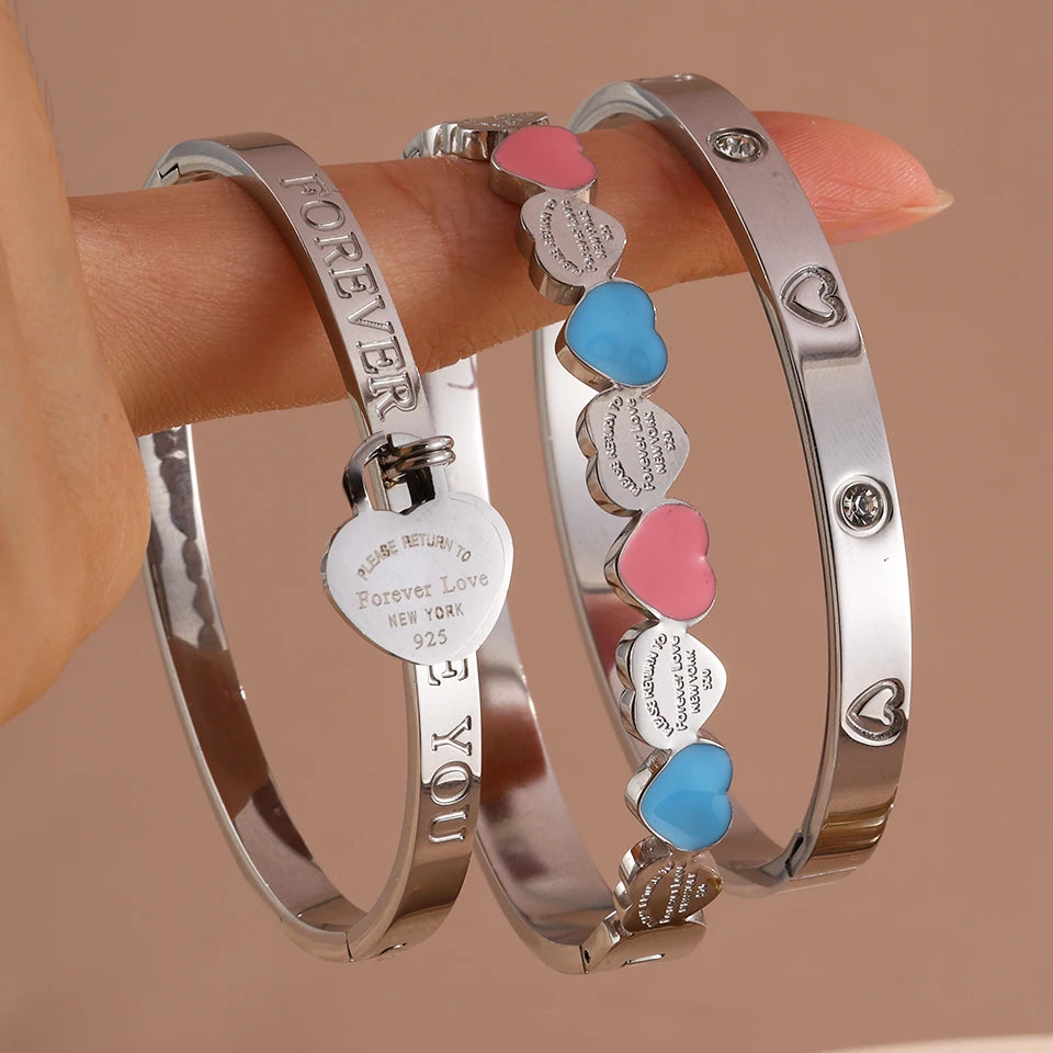 Yupsk 3pcs/Set Stainless steel Bracelet with Heart Elements Trendy Waterproof Durable Stackable Bangle Versatile Jewelry for Wom
