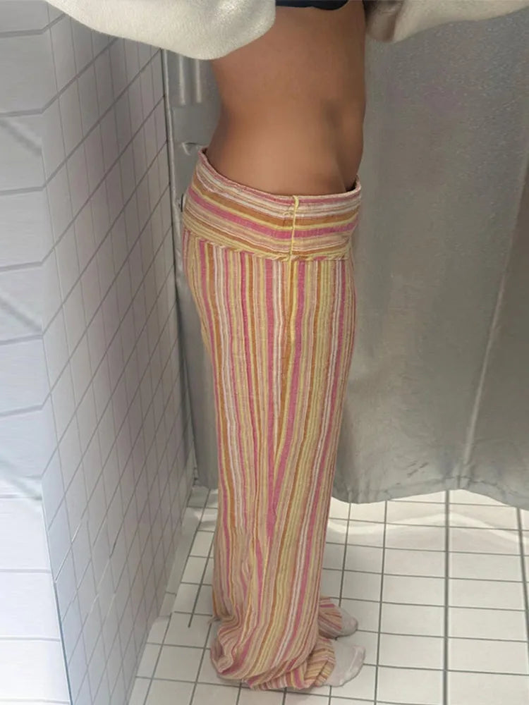 Pants Leg Stripe Women Trousers Adjustable Waist Wrap Loose Summer Floor Length Boho Palazzo Trousers Women Outfit For Women