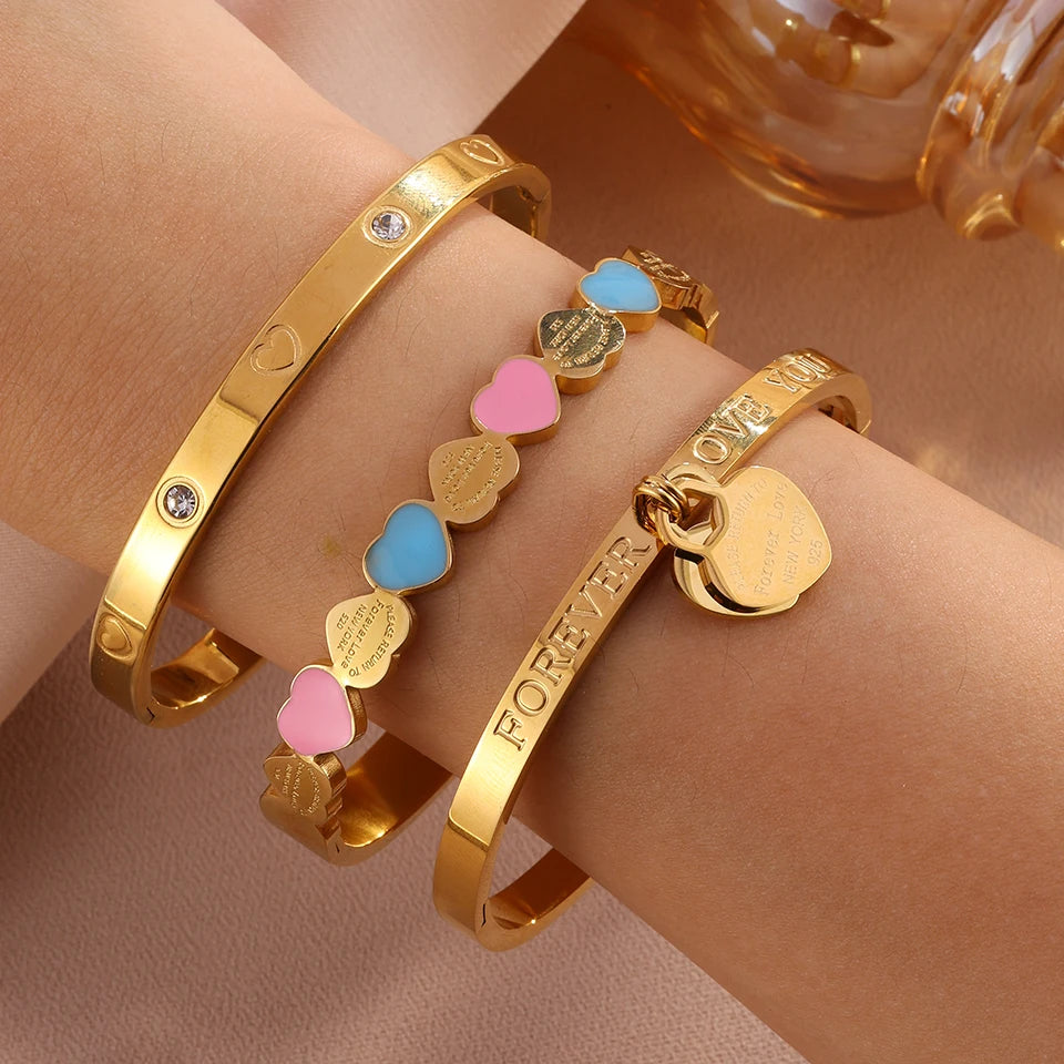 Yupsk 3pcs/Set Stainless steel Bracelet with Heart Elements Trendy Waterproof Durable Stackable Bangle Versatile Jewelry for Wom