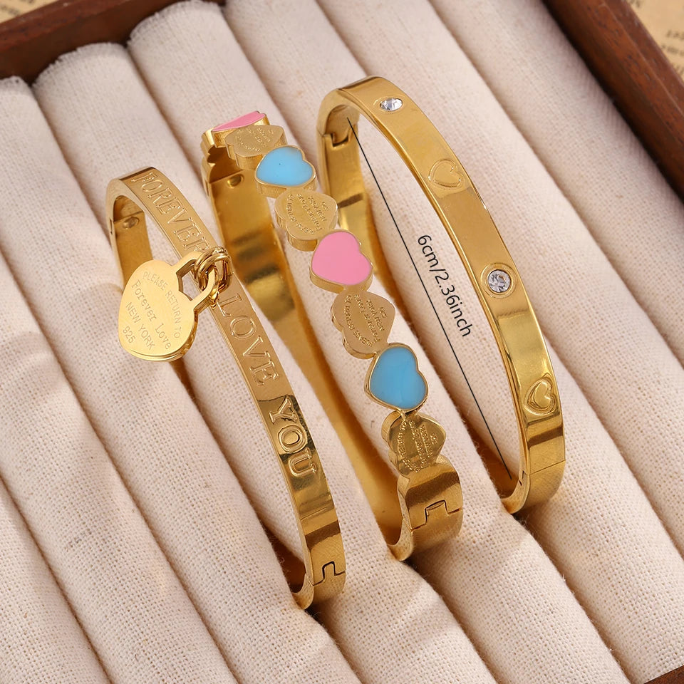 Yupsk 3pcs/Set Stainless steel Bracelet with Heart Elements Trendy Waterproof Durable Stackable Bangle Versatile Jewelry for Wom